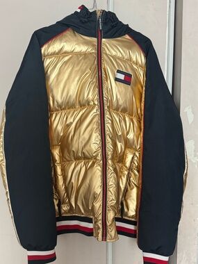 Zendaya x Tommy Hilfiger Metallic Gold Puffer Jacket with Blue Sleeves